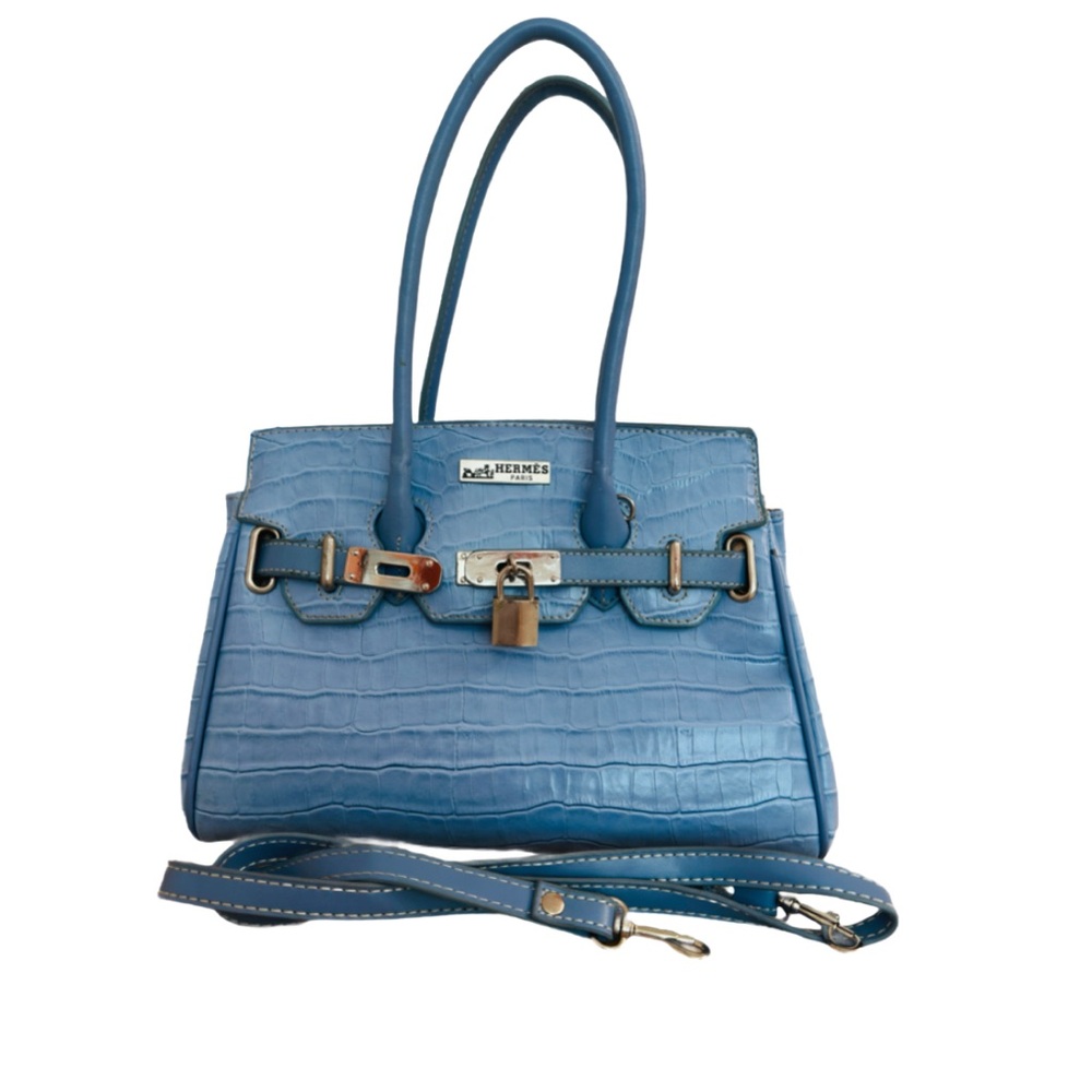 Light Blue Croc-Embossed Satchel with Detachable Strap